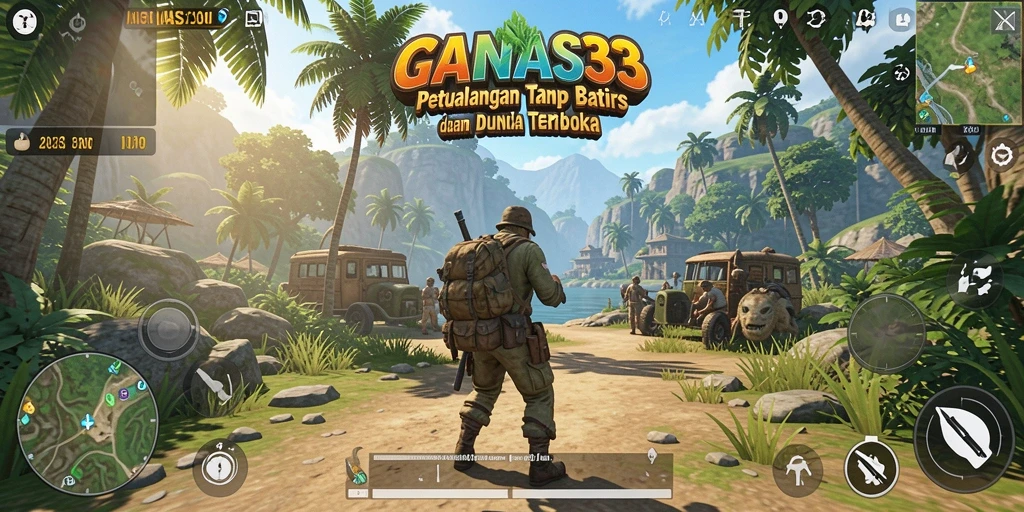 Screenshot gameplay <strong>GANAS33</strong> menunjukkan petualangan yang mendebarkan di dunia terbuka.