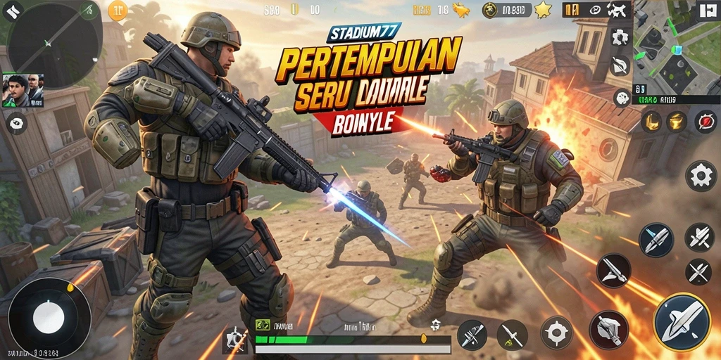 Gameplay STADIUM77 menampilkan aksi pertempuran seru dalam arena Battle Royale.